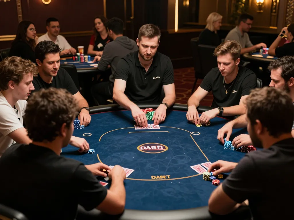 DABET players strategizing during a competitive poker game with vibrant chips and cards visible
