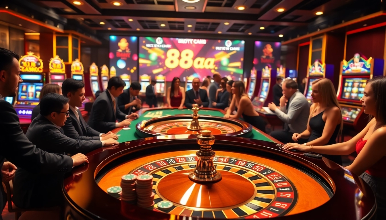 Capture the excitement of a high-stakes game at 88aa casino with roulette and slot machines.