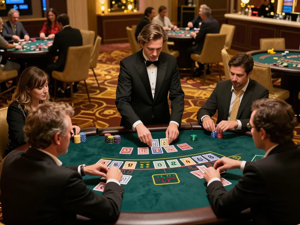 Players engaged in a thrilling game of blackjack at vb88game, showcasing intense focus and strategic gameplay within a vibrant casino atmosphere