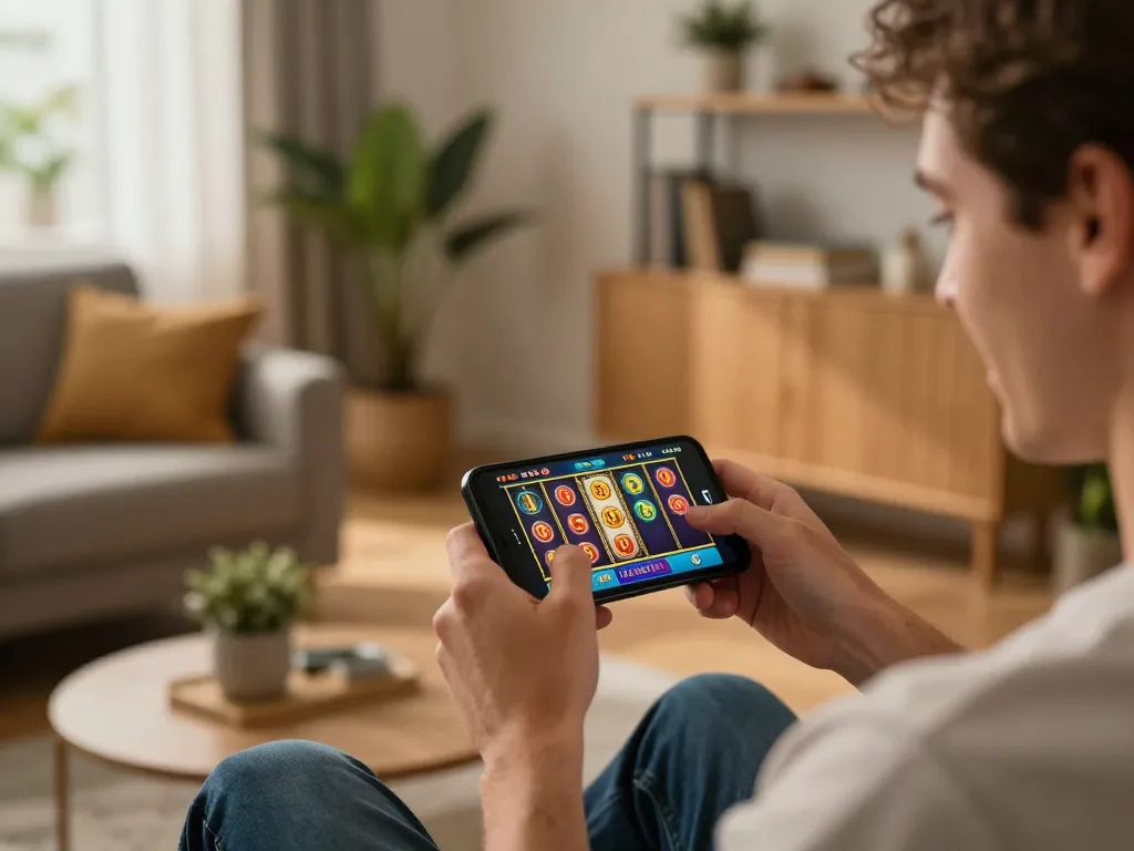 Player winning a game on nk88 mobile app in a cozy home environment