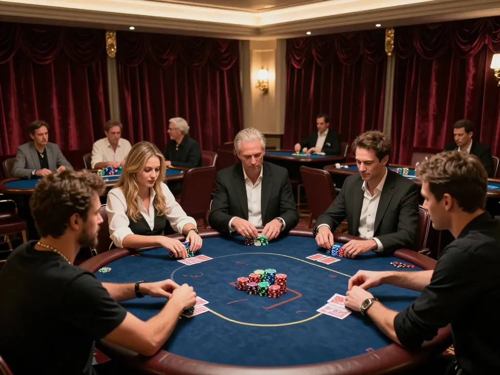 Players engaging in high-stakes poker at Vua88's exclusive high-roller room, showcasing intense gameplay.