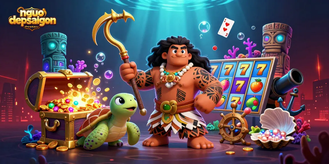Experience thrilling gaming at nguoidepsaigon with a vibrant 3D casino scene filled with slot reels and colorful treasures.