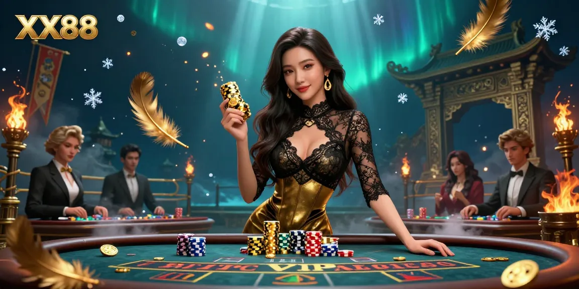 Experience high-stakes gaming at XX88 with a glamorous Asian woman at a VIP baccarat table.