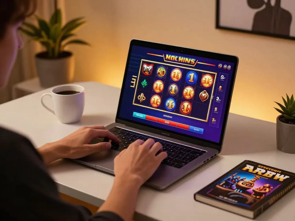 Play online casino games on debet with a stylish laptop setup and vibrant game interface.