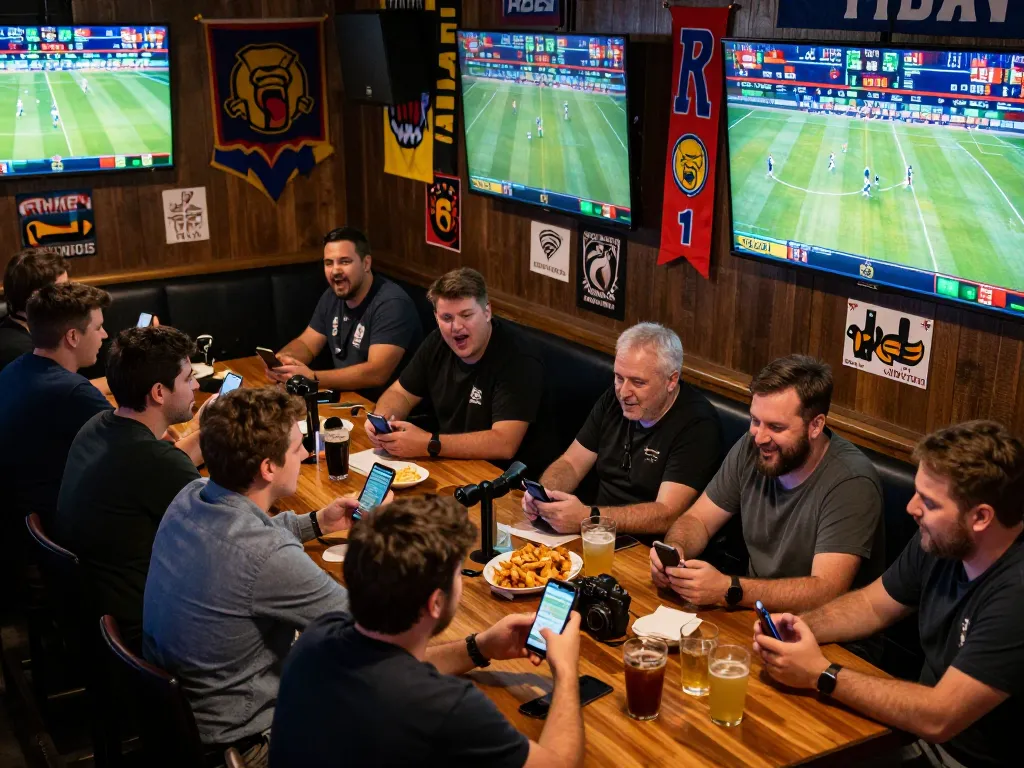 Engaging sports fans placing bets on 789win at a lively sports bar during live game.