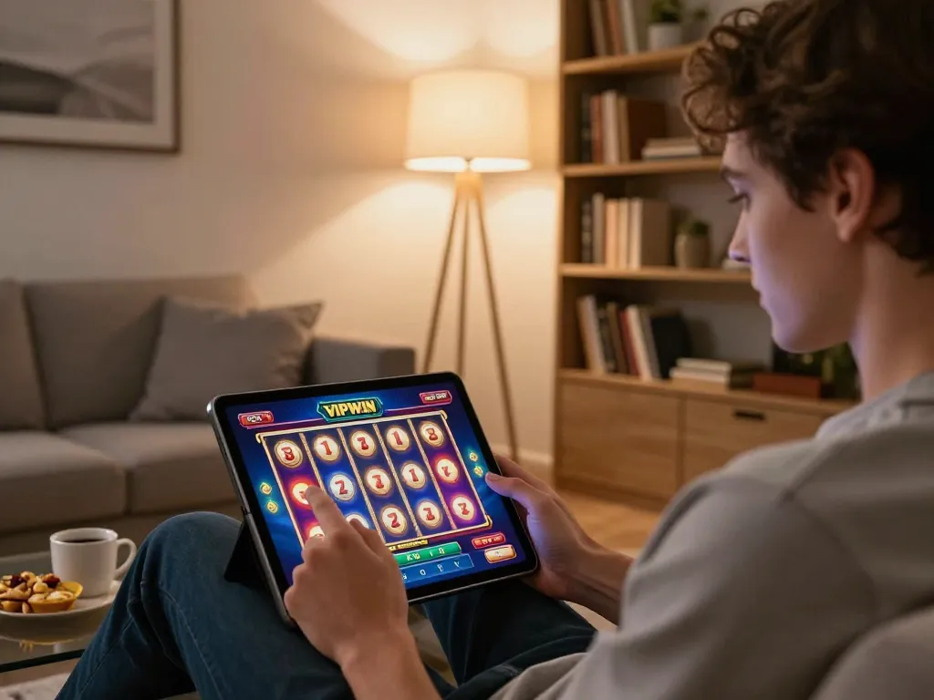 Engaging in exciting VIPWIN slots gameplay on a tablet in a cozy home environment, showcasing relaxed entertainment.