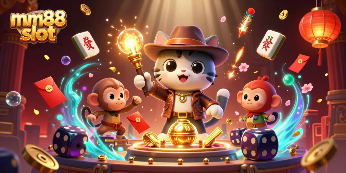 Experience thrilling mm88 slot gameplay with vibrant 3D cartoon explorers amidst dynamic casino elements.