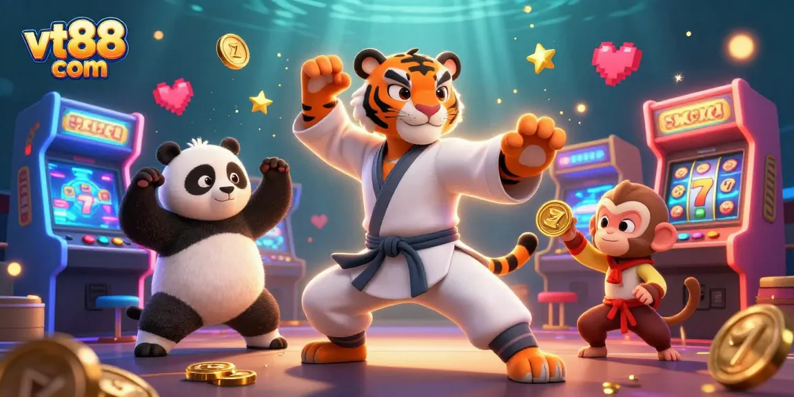 Experience excitement at vt88 com with a playful tiger and panda mastering the art of slots.