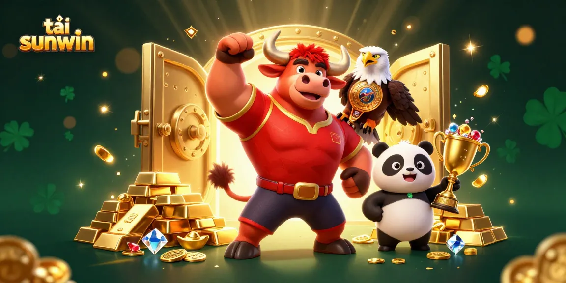 Win big with tải sunwin in this vibrant 3D illustration featuring a victorious casino mascot ensemble.