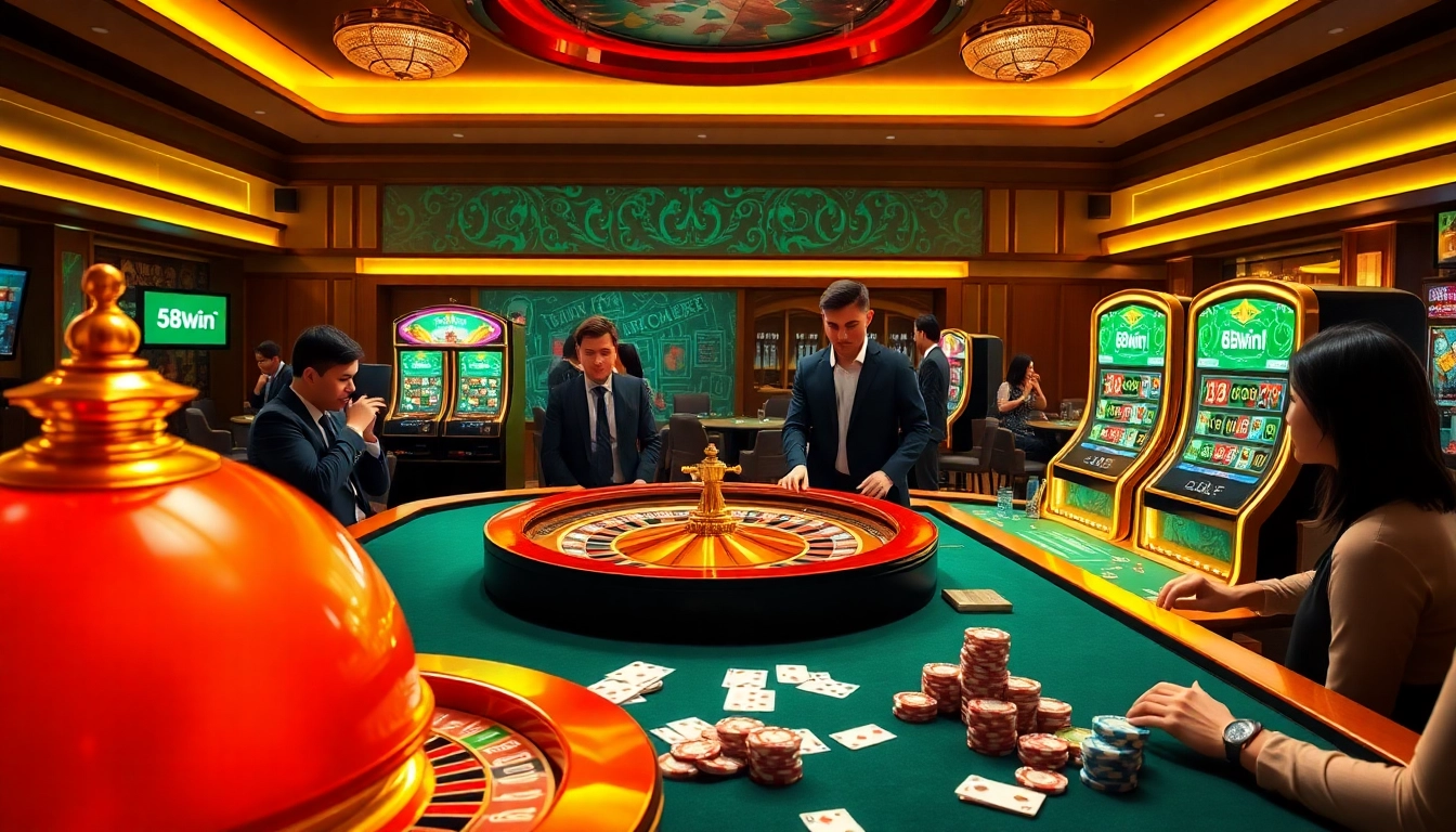 Exciting gaming experience on 58win1 with roulette wheel and glowing slot machines.