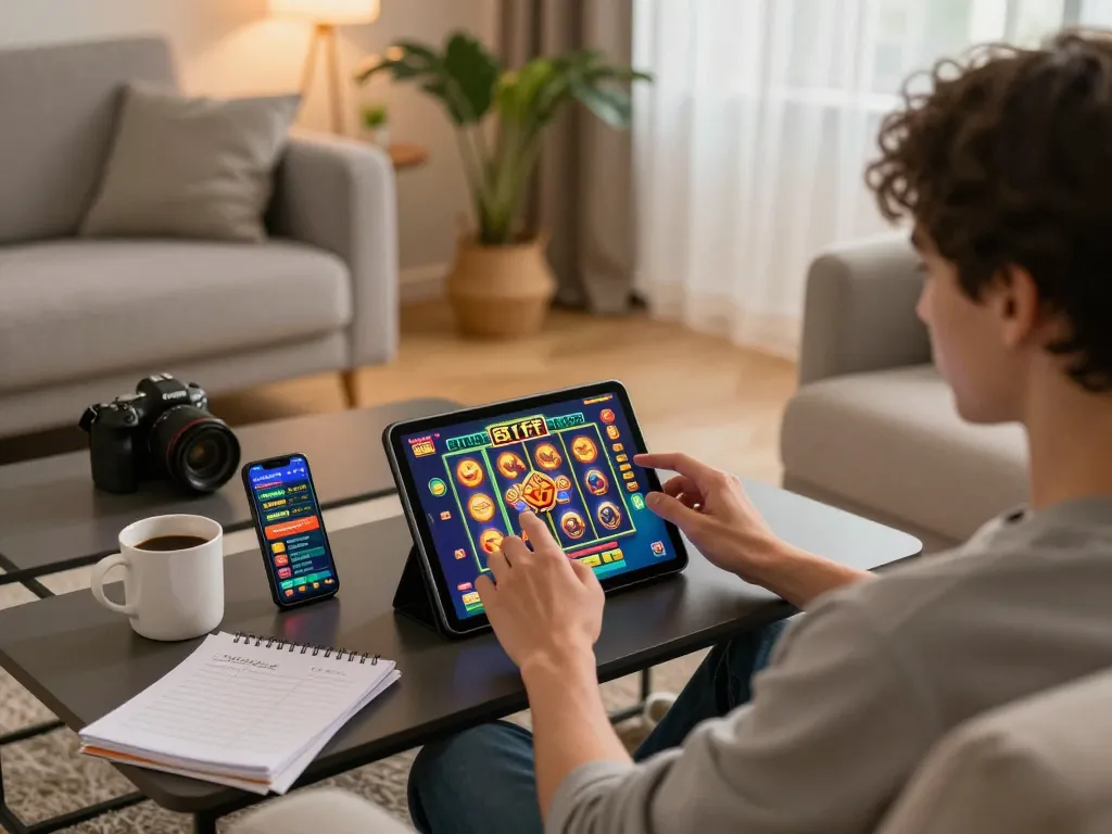 Engaged player enjoying 81ff slots on tablet, cozy living room setting with strategy notes nearby.