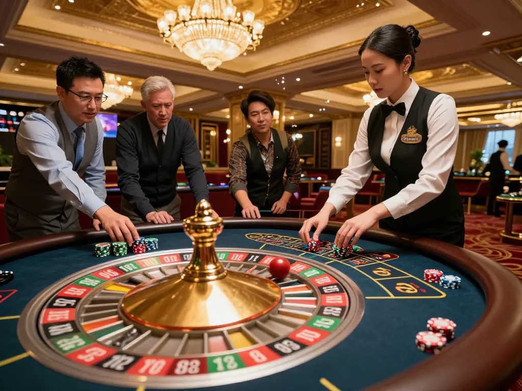 MM88 players engaging in exhilarating roulette gameplay at a luxurious casino table
