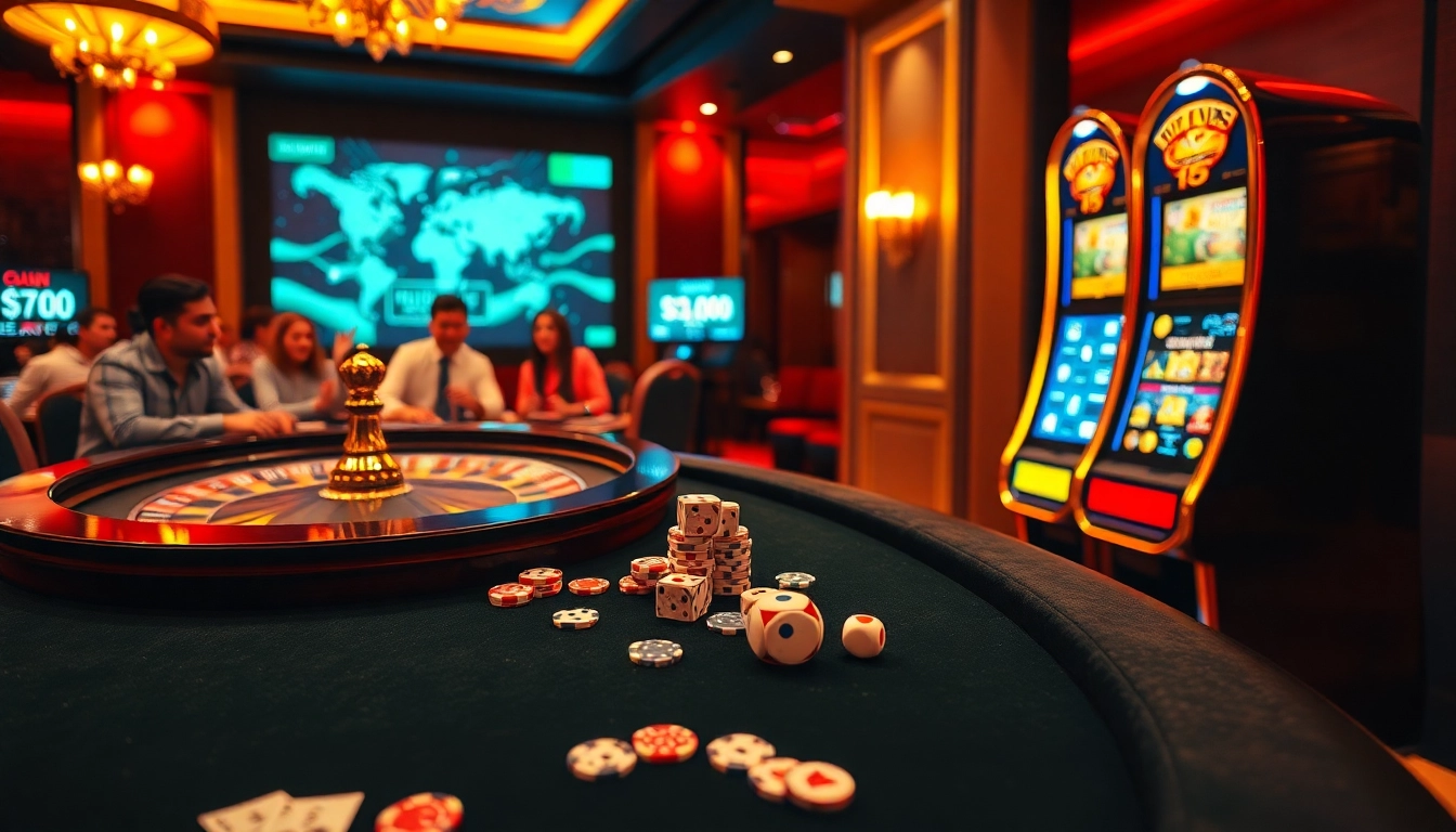 Experience the thrill of nhà cái typhu88 in a vibrant casino scene with roulette, poker chips, and a digital interface.