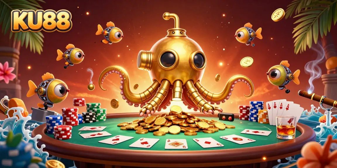 Engage in thrilling gameplay at KU88, featuring a golden kraken submarine amidst poker action and vibrant elements.
