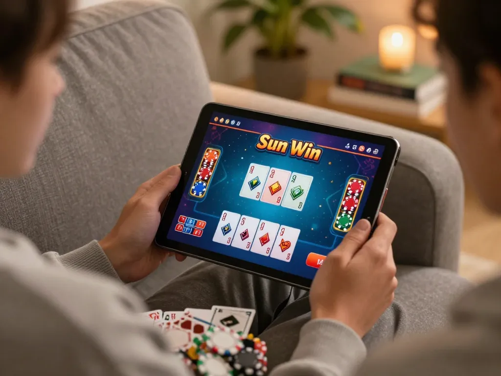 Play Sun Win on tablet in a relaxed home environment showcasing online gambling enjoyment.