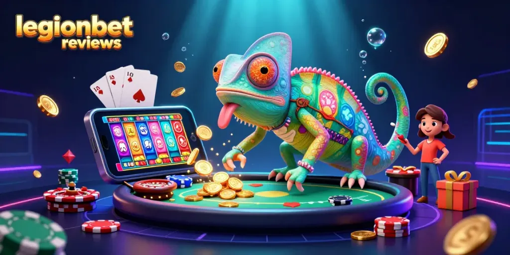 Experience legionbet reviews with a vibrant casino scene featuring animated characters and games.