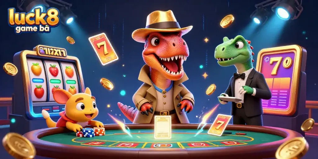 Play thrilling luck8 game bài with a cartoon velociraptor counter, stegosaurus pit boss, and sneaky compy in a vibrant casino.