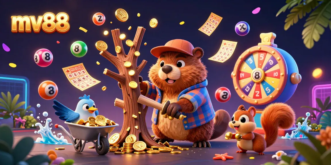 Experience the excitement of mv88 as a cartoon beaver chops a money tree while characters celebrate with colorful lottery elements.