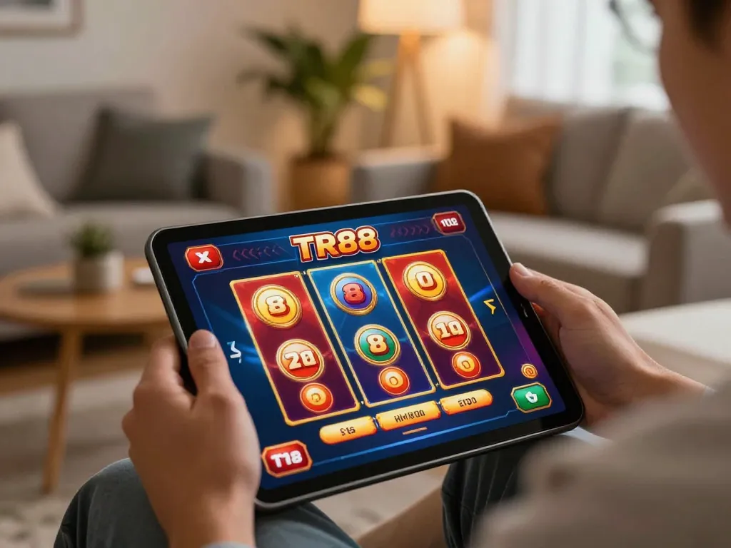 Engaged user exploring TR88 đăng nhập online gaming on a tablet in a cozy home setup.