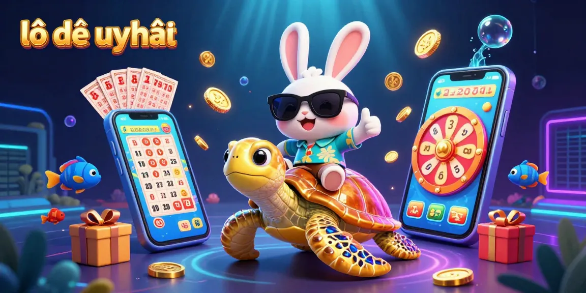 Experience the excitement of lô đề uy tín with a vibrant 3D scene featuring a lucky rabbit and golden turtle in a dynamic lottery game.