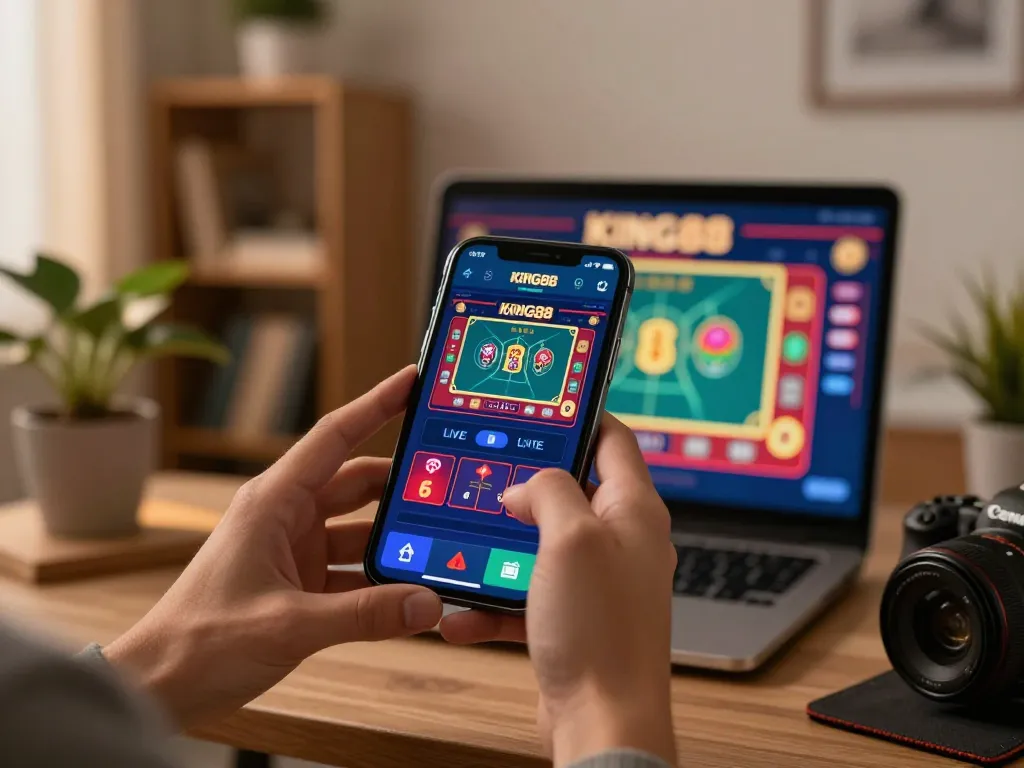 Engaging in gameplay on king88 casino app with smartphone at home