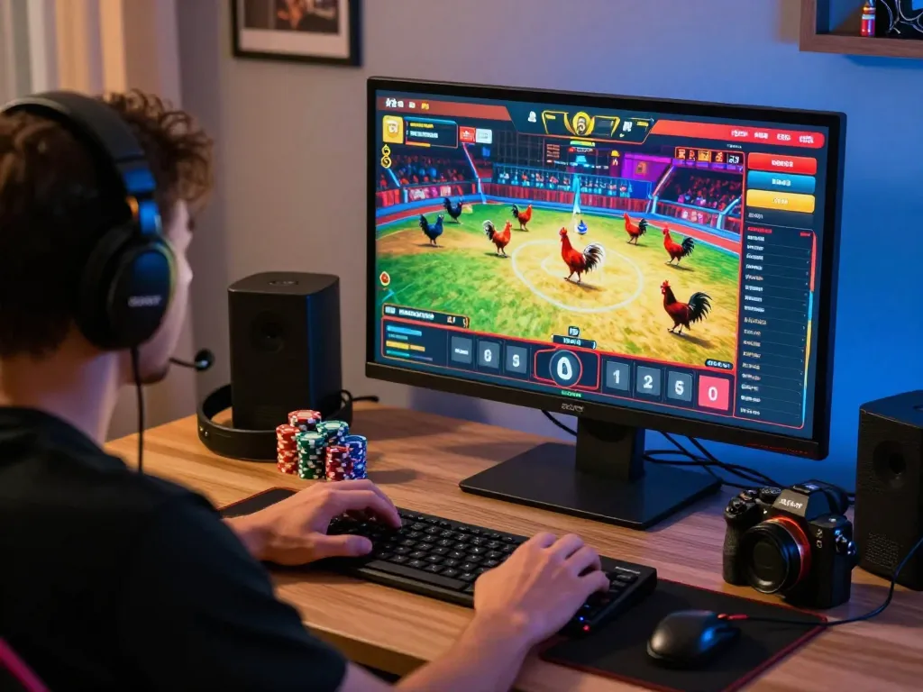 Engaged player at home using https://ga179.press/ for live cockfighting betting, colorful gaming setup with excitement.