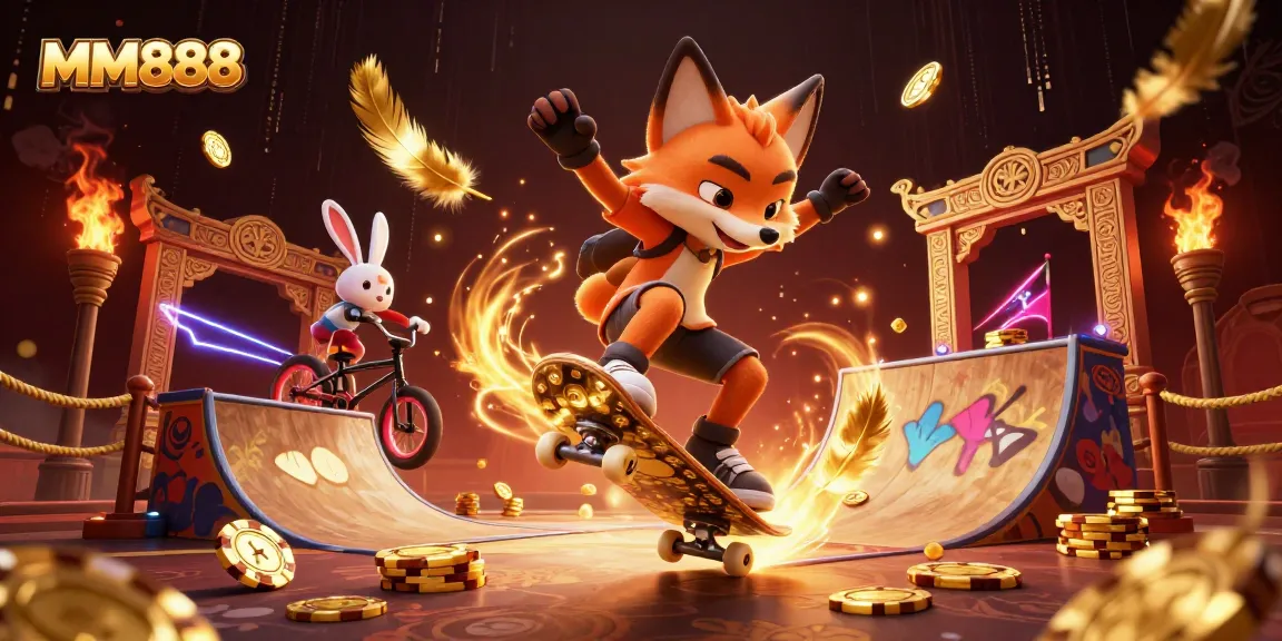 Experience the thrill of MM888 gaming with a vibrant 3D casino illustration featuring dynamic characters.