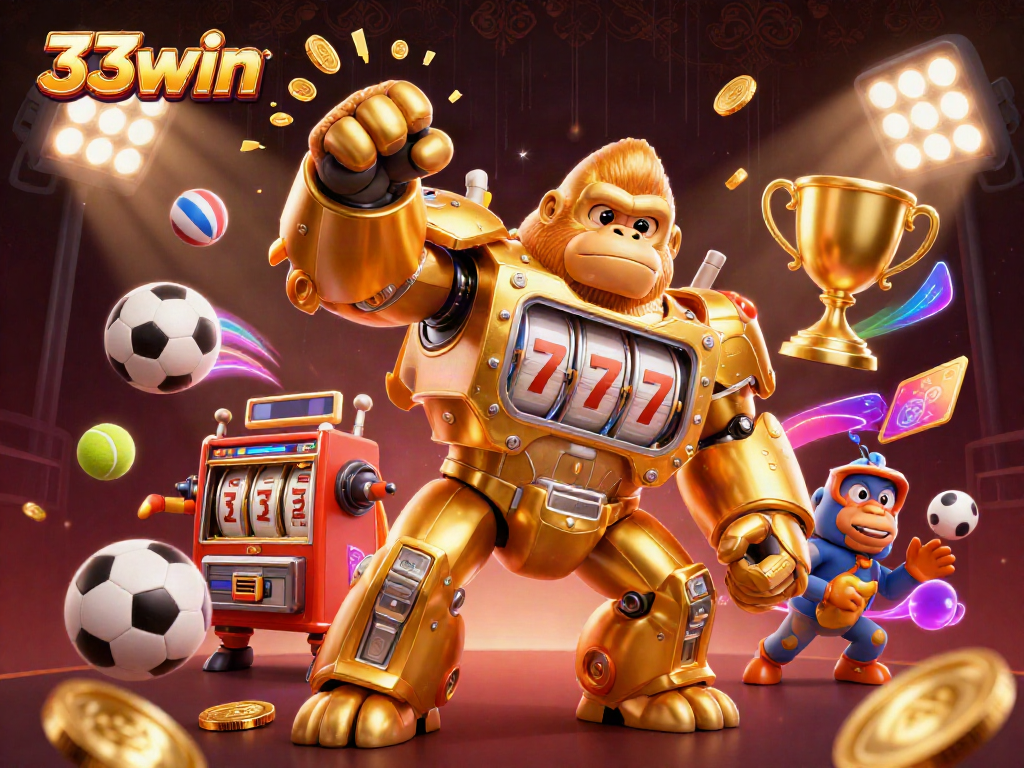 33win showcases an exciting casino illustration featuring a golden gorilla mech and sports elements.