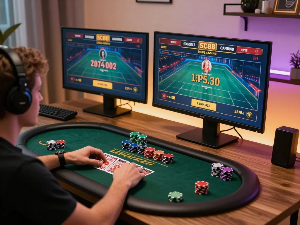Player strategizing in an online casino session at sc88.casino, showcasing live dealer games.
