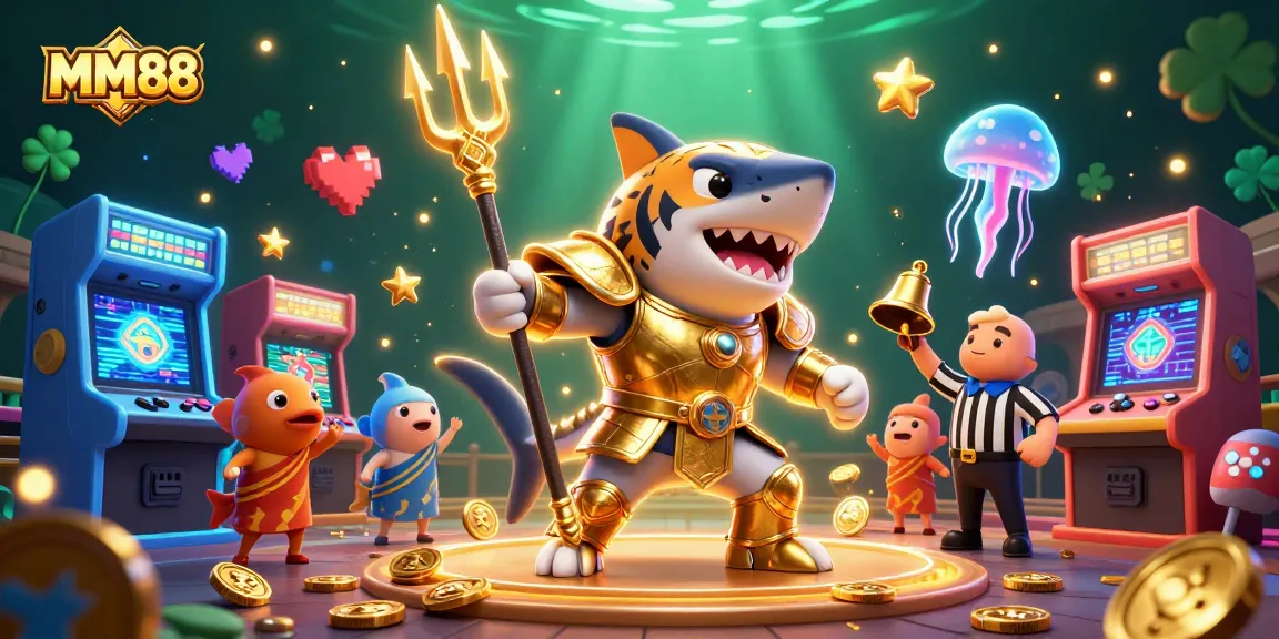Engage in the thrilling world of MM88 with a heroic tiger shark gladiator amidst vibrant casino elements.