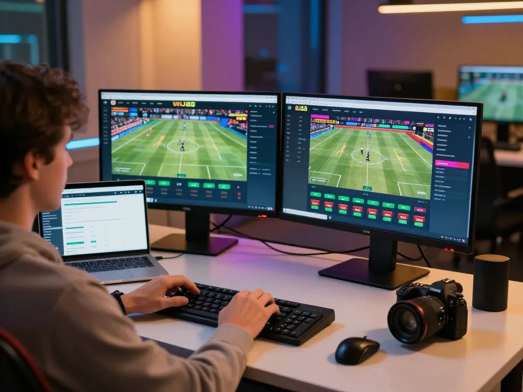 BJ88 user placing live sports bet on modern setup with dual monitors