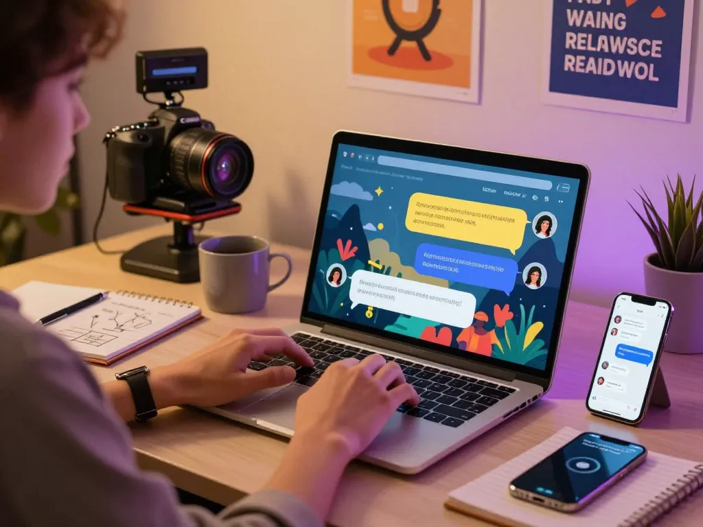 Engaging user in ai porn chat with vibrant digital landscape and sleek laptop