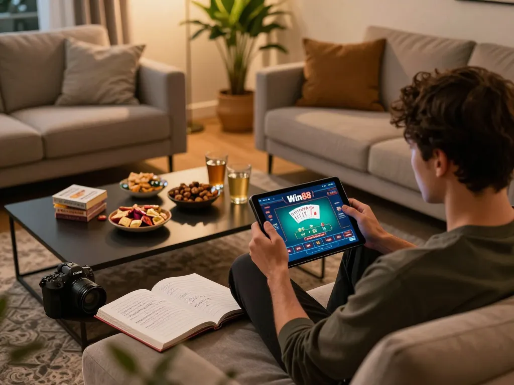 Engaging in online poker gameplay on Win88's platform from a cozy home setup with snacks.