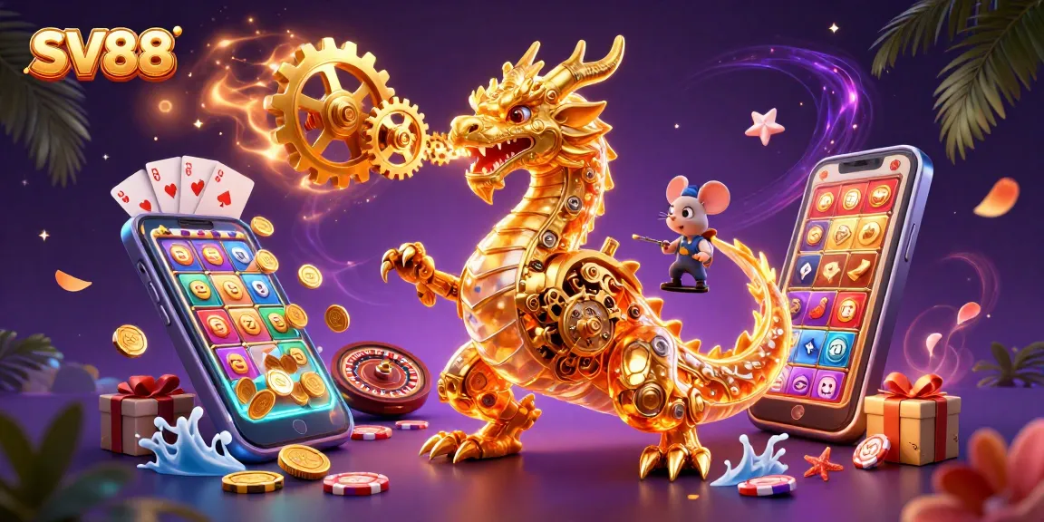 Engage with SV88's immersive gaming experience through this vibrant 3D illustration showcasing thrilling casino elements.