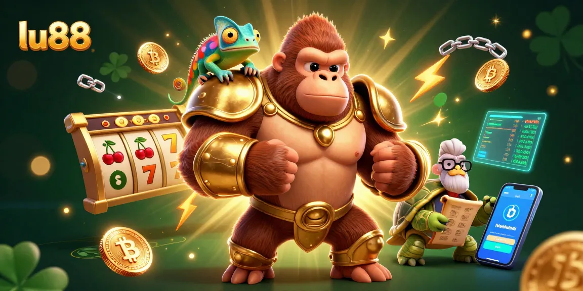 Experience excitement at lu88 with a vibrant 3D illustration showcasing a gorilla king and casino elements.