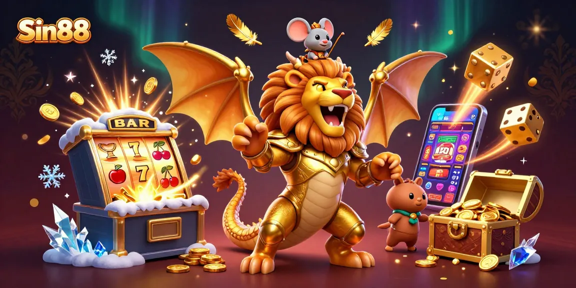Sin88 offers a thrilling gaming adventure with a chimera creature amidst colorful casino elements.