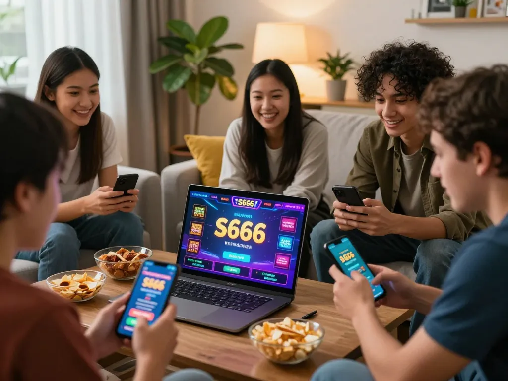 Friends enjoying the S666 gaming platform in a cozy living room, celebrating exciting wins.