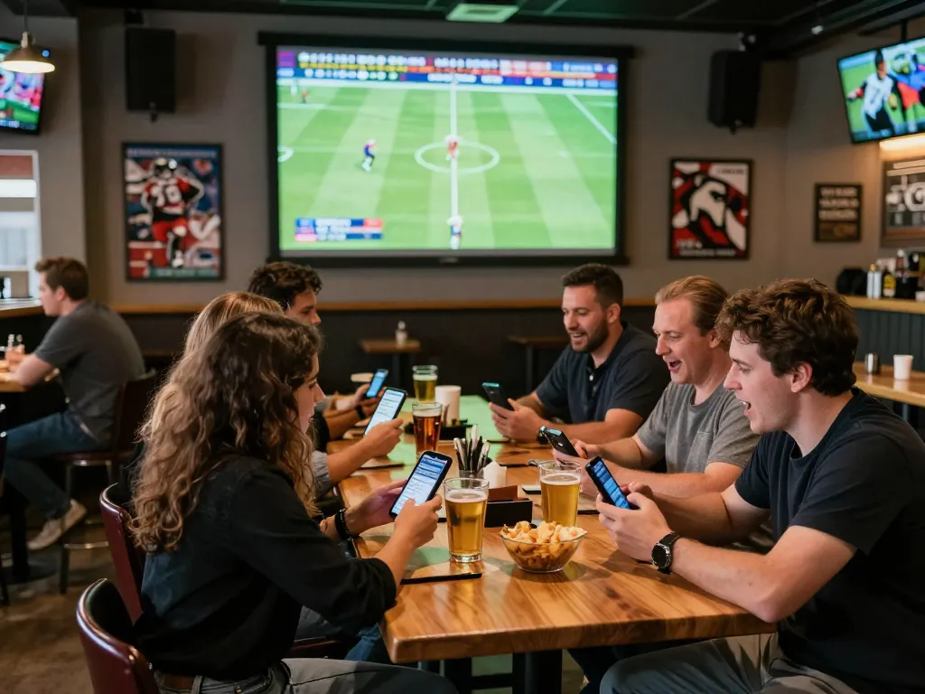 Kèo Nhà Cái Hôm Nay in action as friends enjoy live sports betting at a vibrant sports bar.