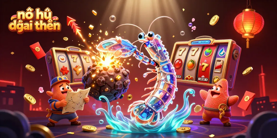 Engage in nổ hũ đổi thưởng with an exciting visual of a galactic samurai shrimp amidst vibrant slot game elements.