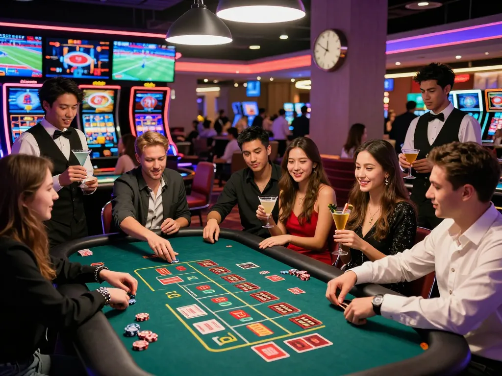 Group celebrating a win at a rikbet casino table amidst vibrant neon lights