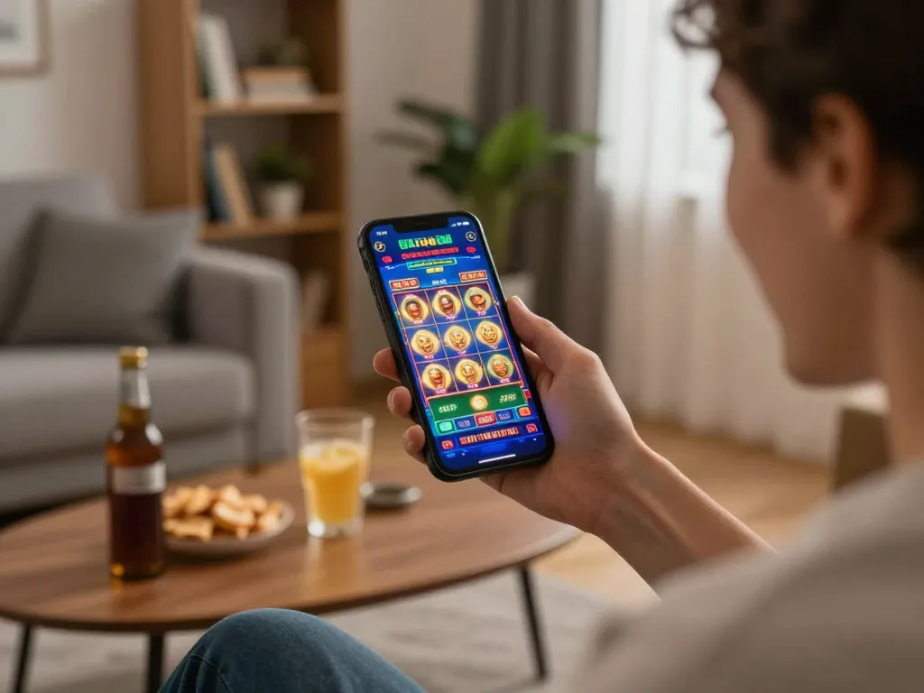 nk88 đăng nhập to a mobile casino app showcasing a winning screen event with vibrant visuals and cozy home ambiance
