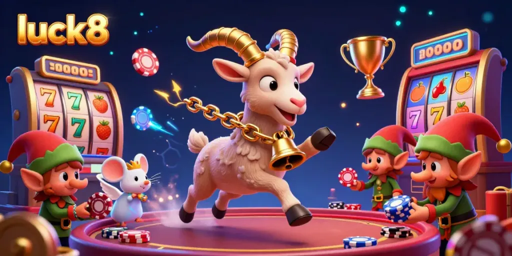 Experience thrilling gameplay at luck8 with a festive casino scene featuring Krampus and playful characters.