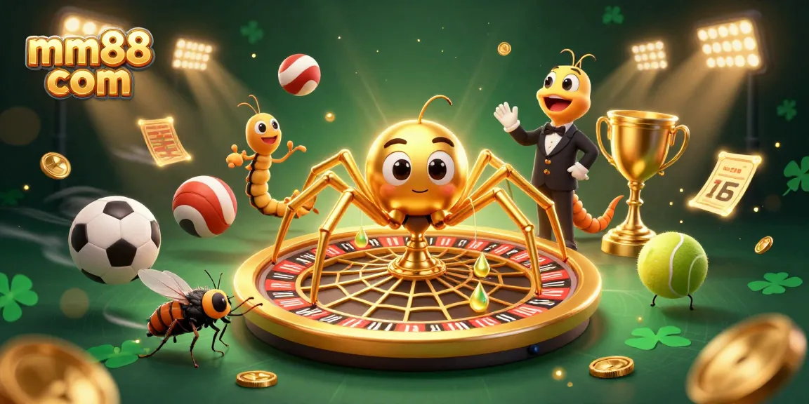 Engage with mm88 com as the golden spider spins a golden web roulette, showcasing dynamic sports betting elements.