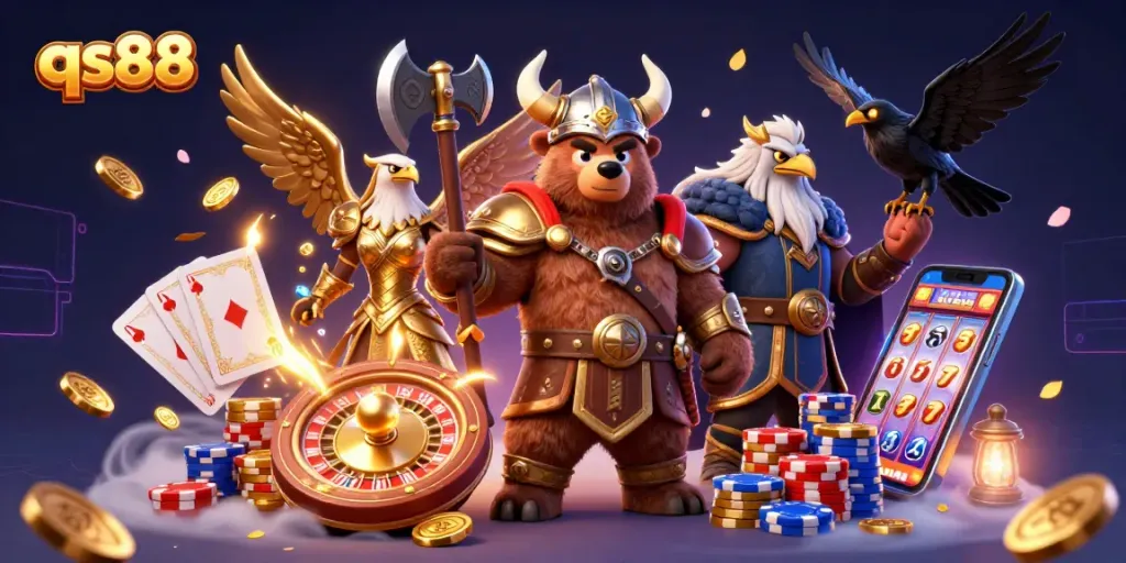 Experience excitement at qs88 with an immersive 3D casino illustration showcasing vibrant gaming elements.