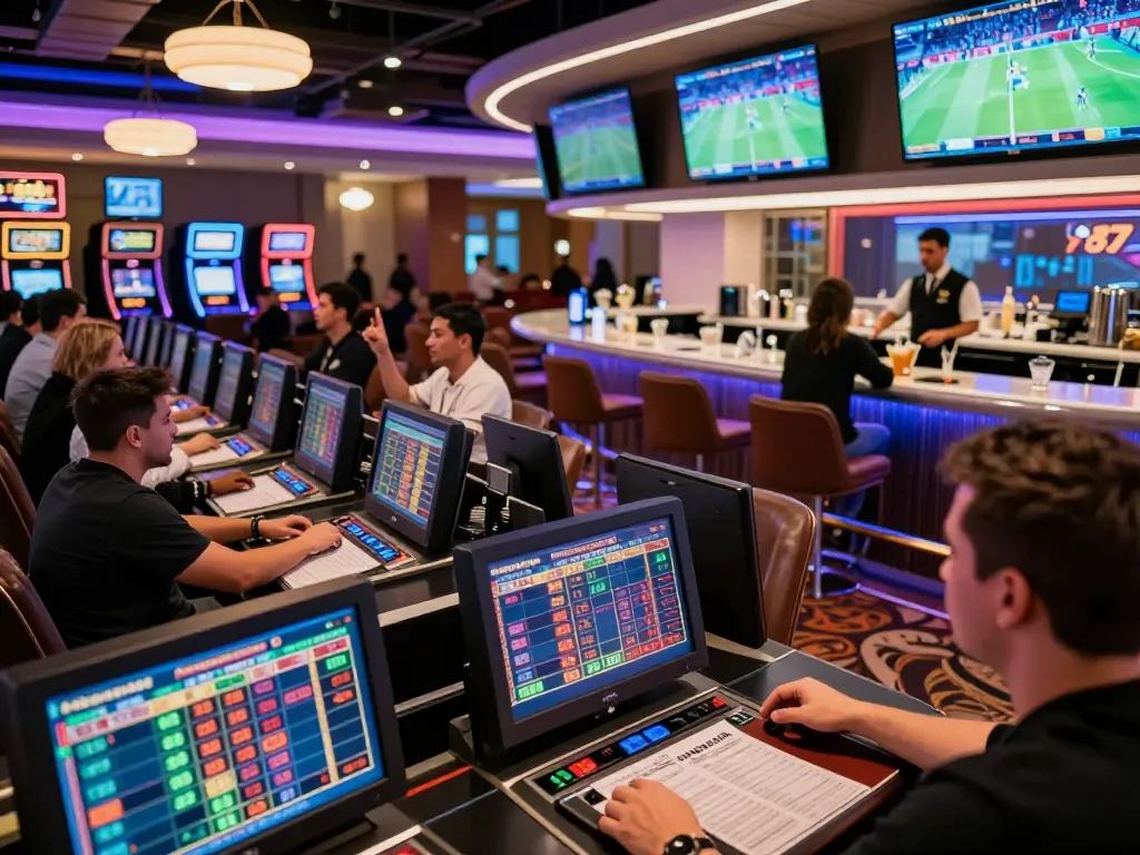Patrons actively engaging in sports betting at a casino lounge featuring 789win 37 themed displays and screens.