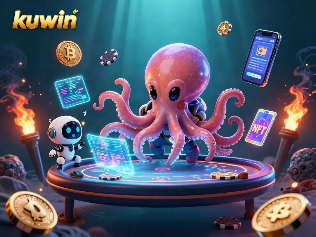 Kuwin offers thrilling poker gameplay amidst an alien landscape with vibrant crypto visuals.