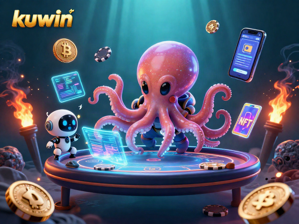 Kuwin offers thrilling poker gameplay amidst an alien landscape with vibrant crypto visuals.