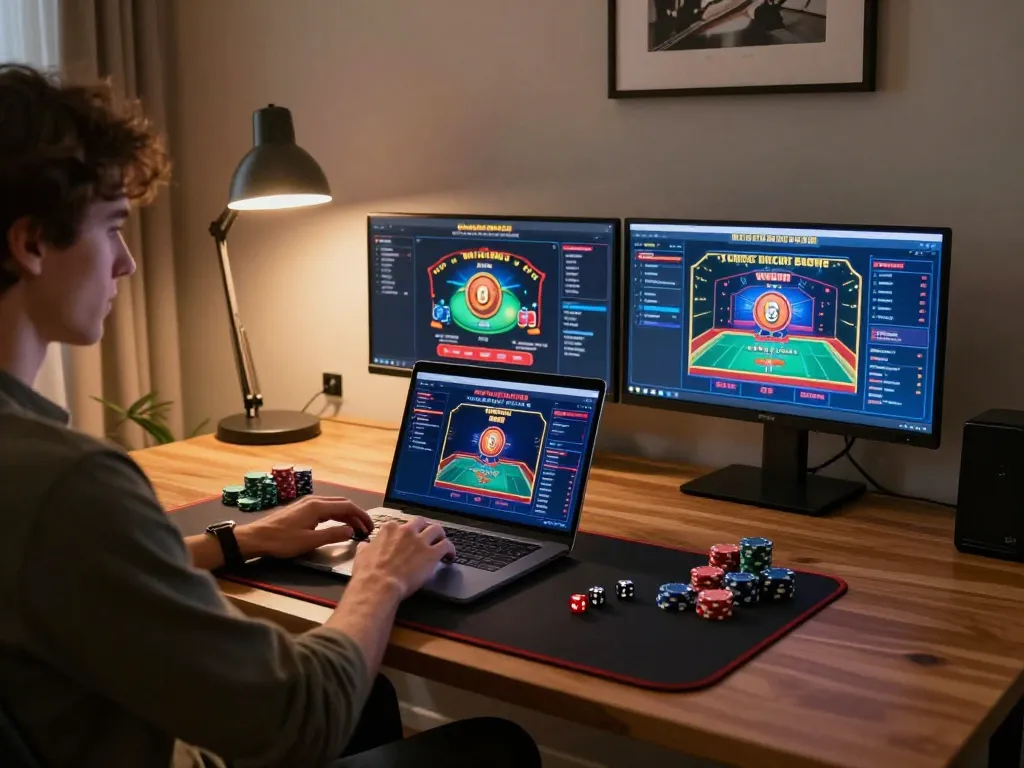 Engaged player analyzing strategies while enjoying zbett online gaming experience on laptop.