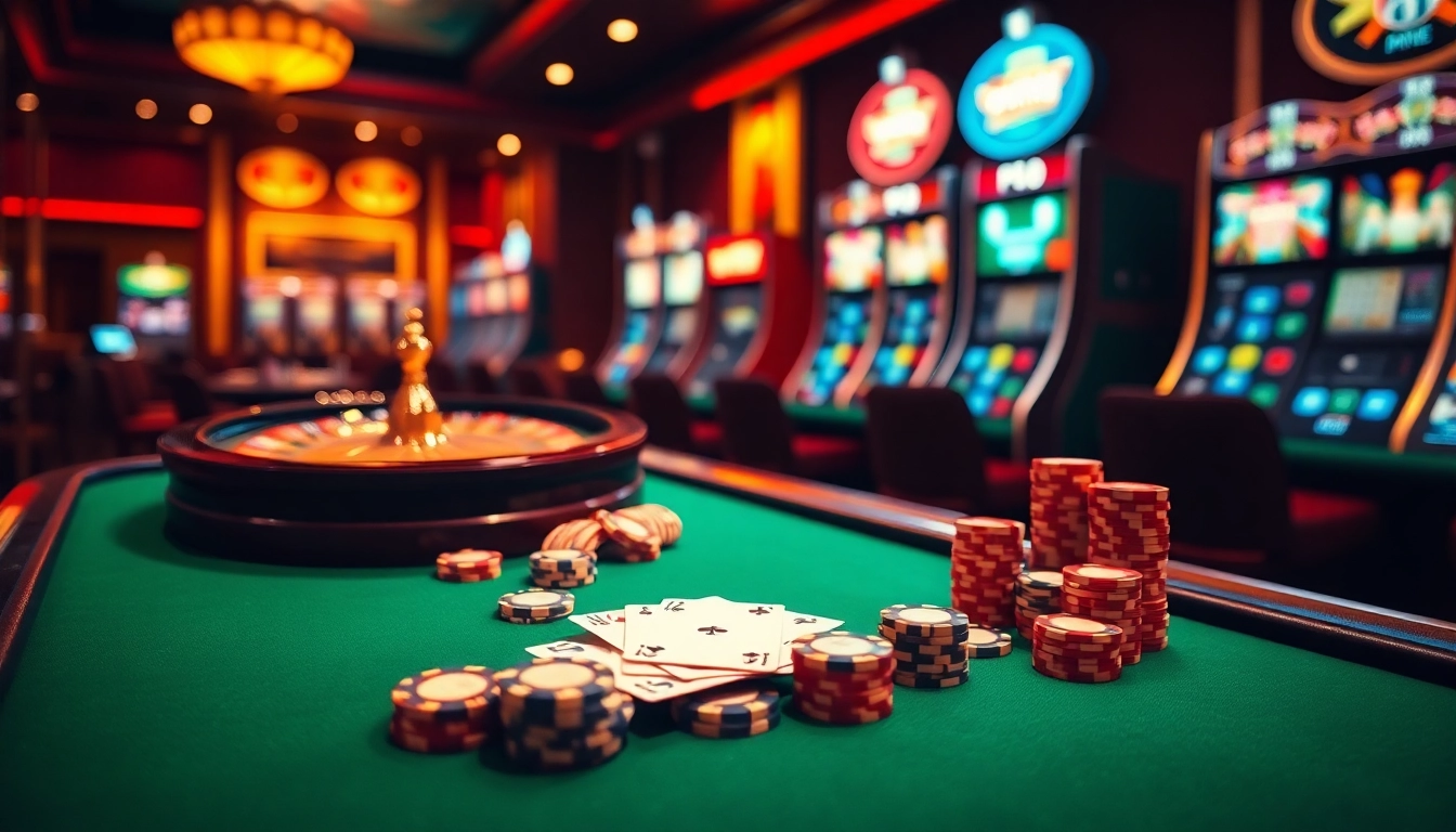 A vibrant casino scene at https://tg88pro.com/ showcasing a roulette wheel and poker chips under warm lighting.