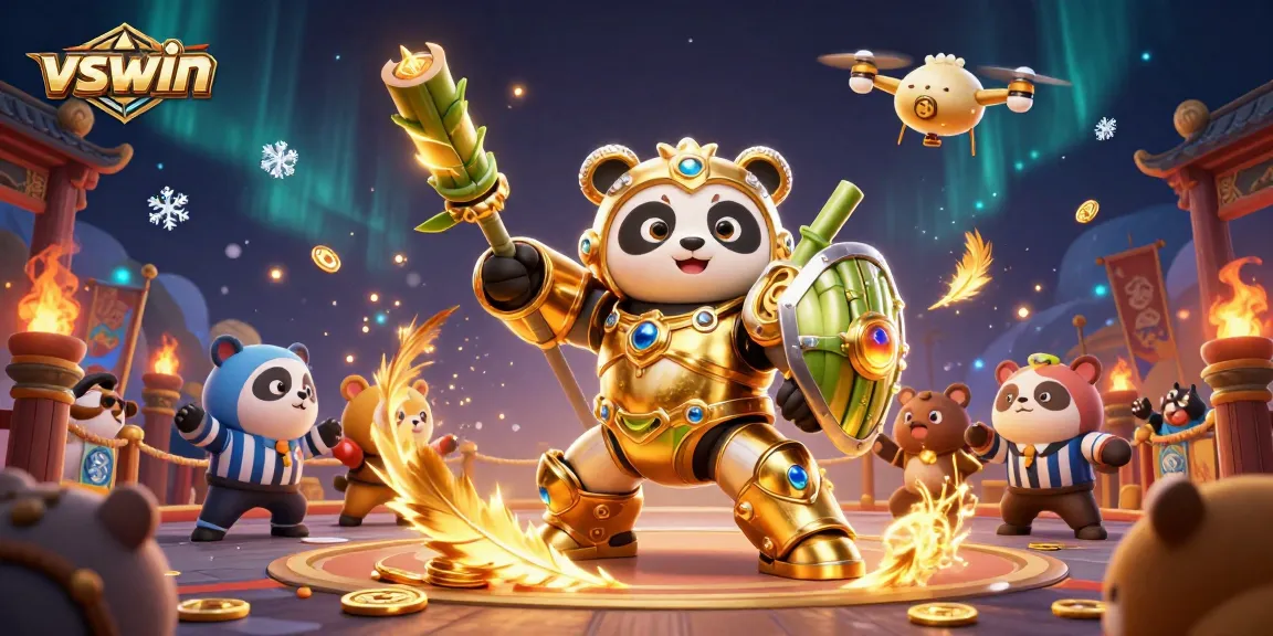 Immerse in the vswin gaming experience with a mech-suit panda battling in a vibrant arena.